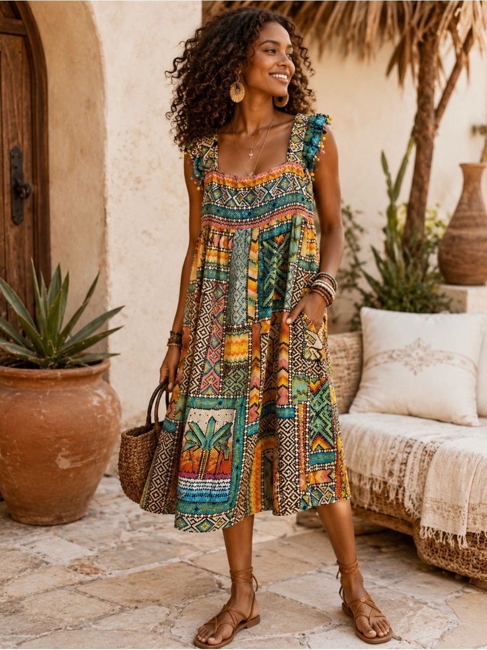 Farm Rio Banana Scarves midi dress in Multicolor Sz L retail $235 -NWT